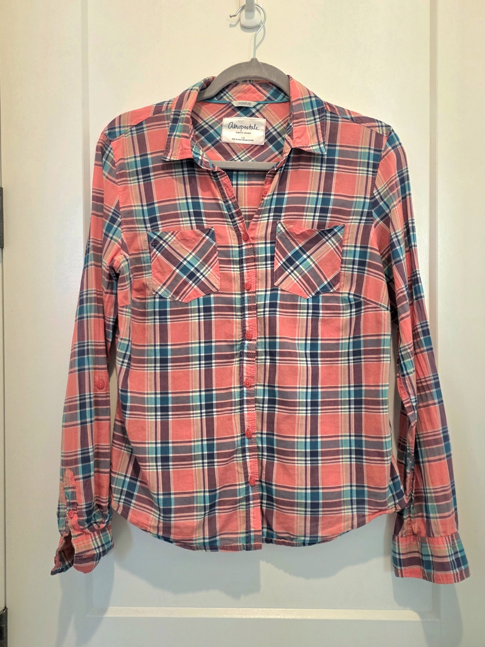 Aeropostale Coral and Teal Plaid Button-Down Shirt
